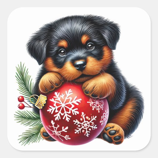 Schattigee Rottweiler puppy geniet van kerstvierin Vierkante Sticker (Voorkant)