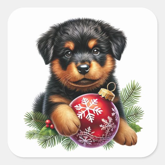 Schattigee Rottweiler puppy met kerstversiering Vierkante Sticker (Voorkant)