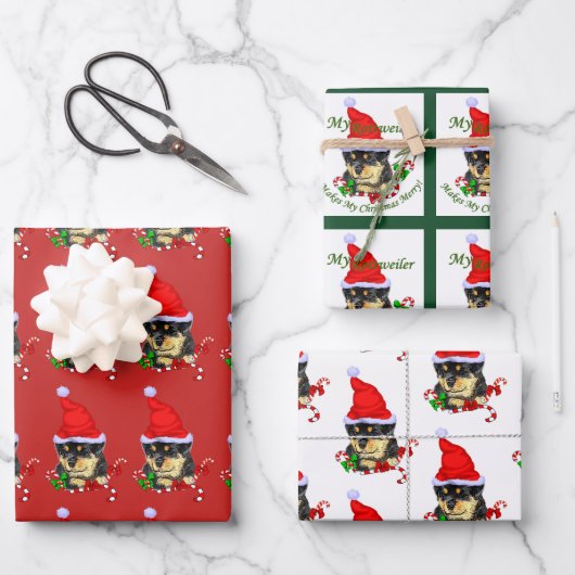 Schattigee Rottweiler Puppy Santa Christmas Inpakpapier Vel (Voorkant)
