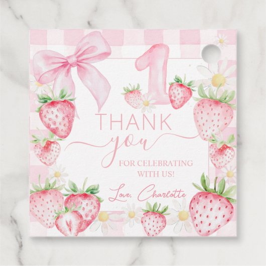 Schattigee Roze Aardbeien Berry Eerste 1e Verjaard Bedankjes Labels (Achterkant)