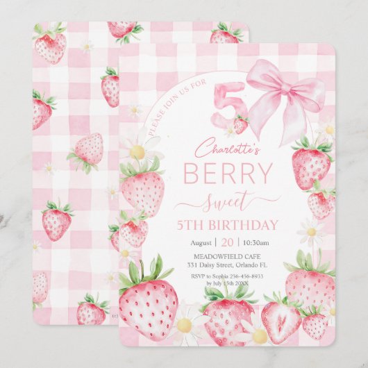 Schattigee Roze Aardbeien Berry Sweet 5th Birthday Kaart (Voorkant / Achterkant)