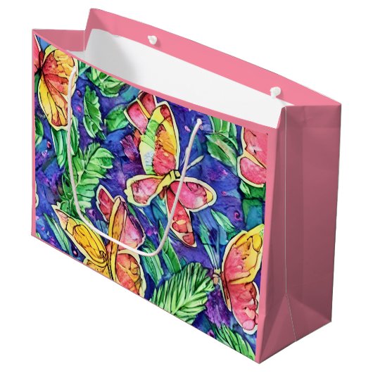 Schattigee roze achtergrond met vlinder waterverf groot cadeauzakje (Voorkant Gekanteld)