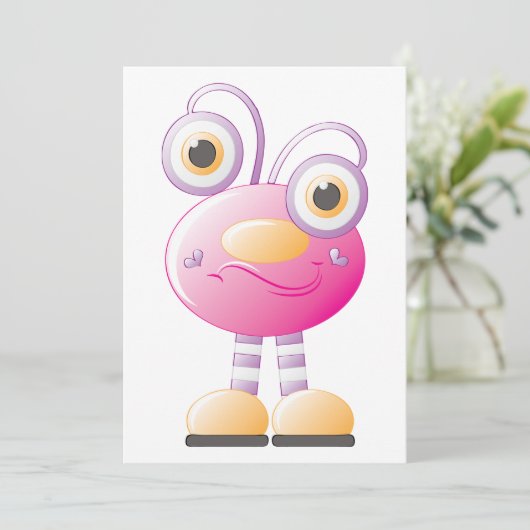 Schattigee roze alien met grote ogen kaart (Staand voorkant)