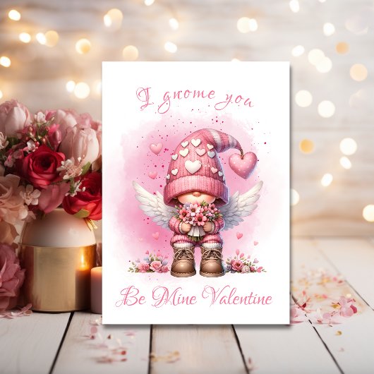 Schattigee Roze Angel Gnome Waterverf Valentijn Feestdagenkaart