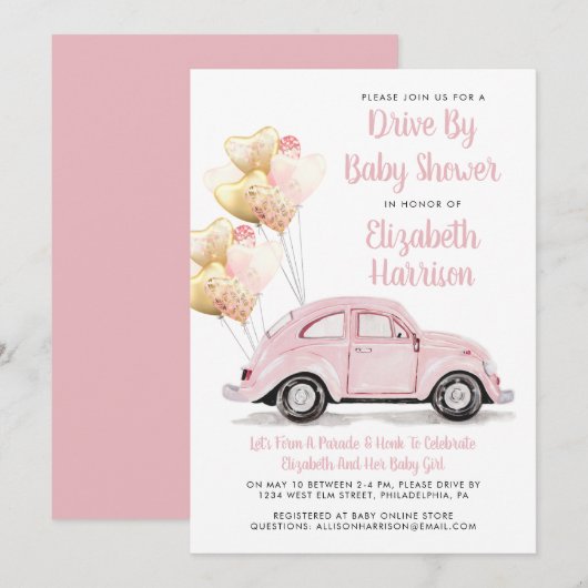 Schattigee roze auto rijden op uitnodiging van het (Voorkant / Achterkant)