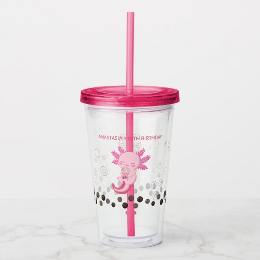Schattigee roze Axolotl Boba Tea Acryl Drinkbeker (Voorkant)