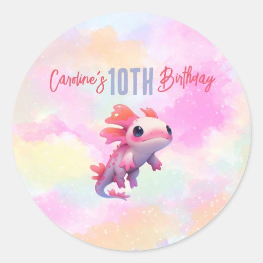 Schattigee Roze Axolotl Pastel Rainbow Girl Verjaa Ronde Sticker (Voorkant)