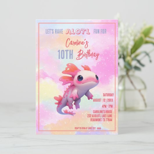 Schattigee roze axolotl regenboog meisje onder wat kaart (Staand voorkant)