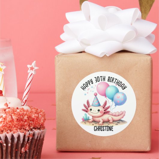 Schattigee roze axolotl Verjaardagsfeest gunsten Ronde Sticker (Feest)