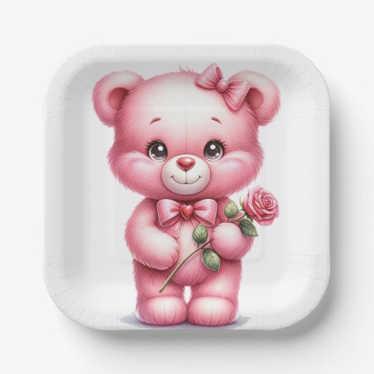 SCHATTIGEE ROZE BABY TEDDYBEER MET EEN ROOS PAPIEREN BORDJE (Voorkant)