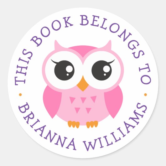 Schattigee roze baby uil boekenplaat sticker (Voorkant)