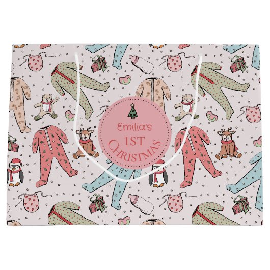 Schattigee roze baby's eerste kerstgewoonte groot cadeauzakje (Voorkant)