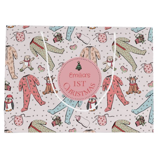 Schattigee roze baby's eerste kerstgewoonte groot cadeauzakje (Achterkant)