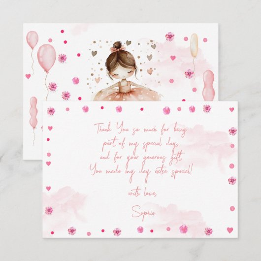 Schattigee roze ballerina en ballonnen verjaardag bedankkaart (Voorkant / Achterkant)