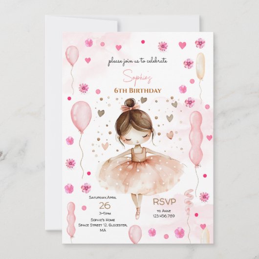 Schattigee roze ballerina en ballonnen verjaardag kaart (Voorkant)