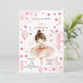 Schattigee roze ballerina en ballonnen verjaardag kaart (Staand voorkant)