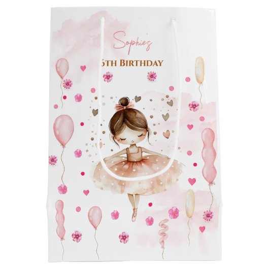 Schattigee roze ballerina en ballonnen verjaardag medium cadeauzakje (Achterkant)
