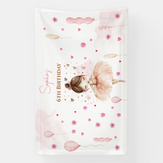 Schattigee roze ballerina en ballonnen verjaardag spandoek (Verticaal)