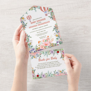 Schattigee roze Ballon waterverf flora baby shower All In One Uitnodiging