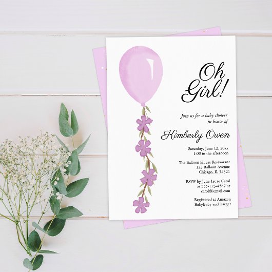 Schattigee Roze Balloon Baby shower Invitation Kaart