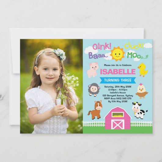 Schattigee Roze Barnyard Boerderijdieren 1e Verjaa Kaart (Voorkant)