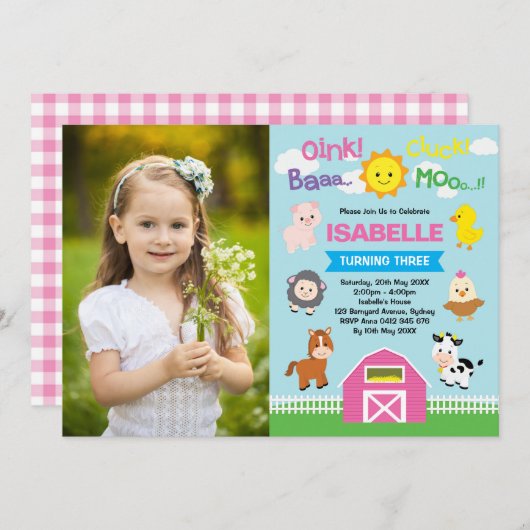 Schattigee Roze Barnyard Boerderijdieren 1e Verjaa Kaart (Voorkant / Achterkant)