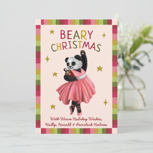 Schattigee Roze Beary Kerstballet Dansen Panda Feestdagenkaart (Staand voorkant)