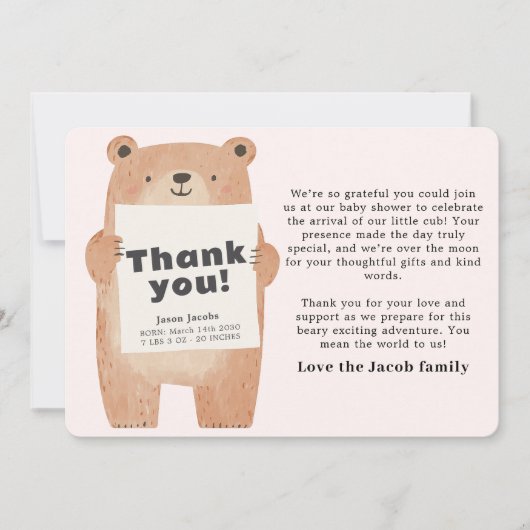 Schattigee roze Beer Baby Aankondiging Dank U (Voorkant)