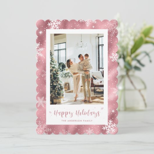 Schattigee roze besneeuwde fotovakantie feestdagenkaart (Staand voorkant)