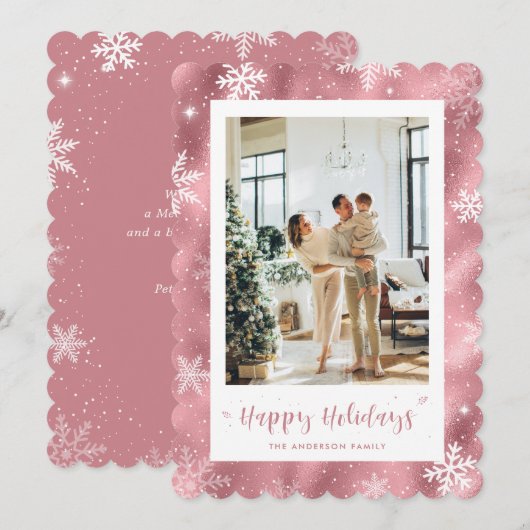 Schattigee roze besneeuwde fotovakantie feestdagenkaart (Voorkant / Achterkant)
