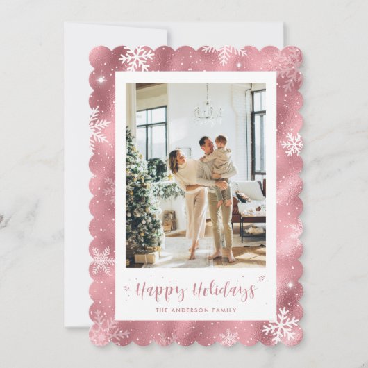 Schattigee roze besneeuwde fotovakantie feestdagenkaart (Voorkant)