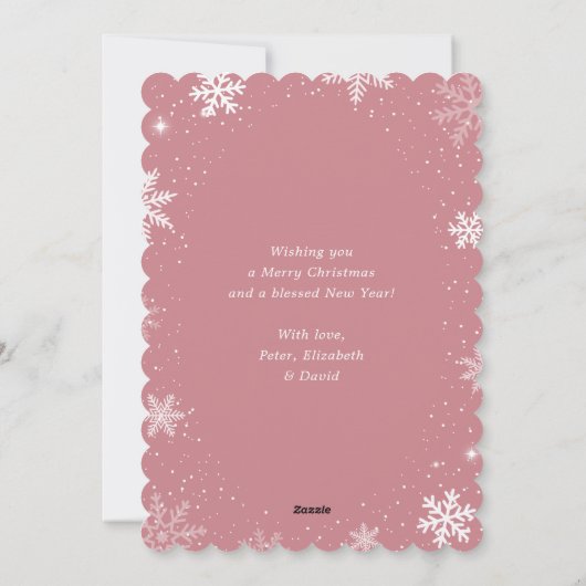 Schattigee roze besneeuwde fotovakantie feestdagenkaart (Achterkant)