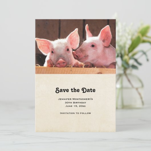 Schattigee roze biggen dierenfoto save the date (Staand voorkant)