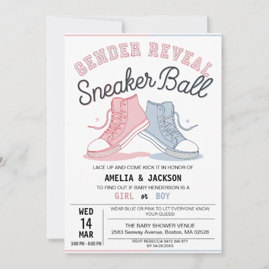 Schattigee roze blauw gender onthullen sneakerbal kaart (Voorkant)