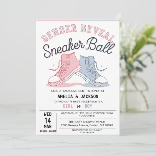 Schattigee roze blauw gender onthullen sneakerbal kaart (Staand voorkant)