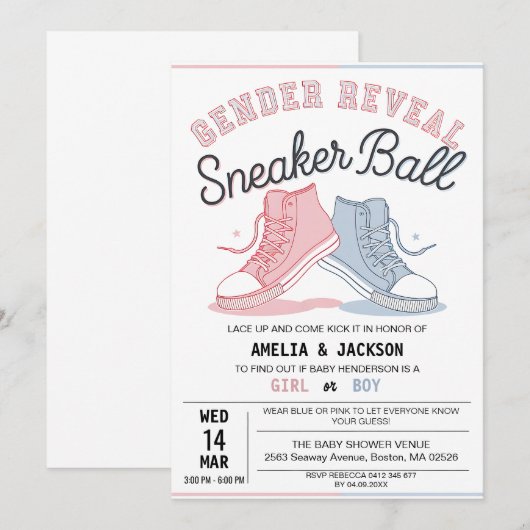 Schattigee roze blauw gender onthullen sneakerbal kaart (Voorkant / Achterkant)