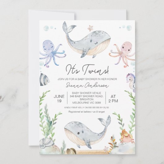 Schattigee roze blauw tweeling onder Zee Baby show Kaart (Voorkant)