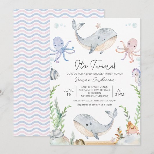 Schattigee roze blauw tweeling onder Zee Baby show Kaart (Voorkant / Achterkant)