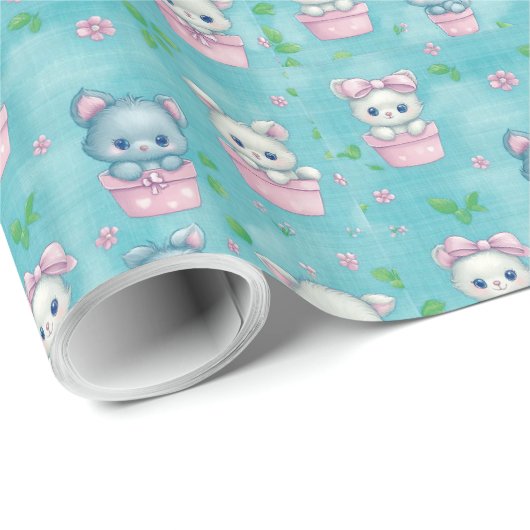 Schattigee Roze Blauwe Baby Kittens Cadeaupapier (Rol Hoek)
