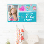 Schattigee Roze Blauwe Bubbels Girly Foto Verjaard Spandoek (Insitu)