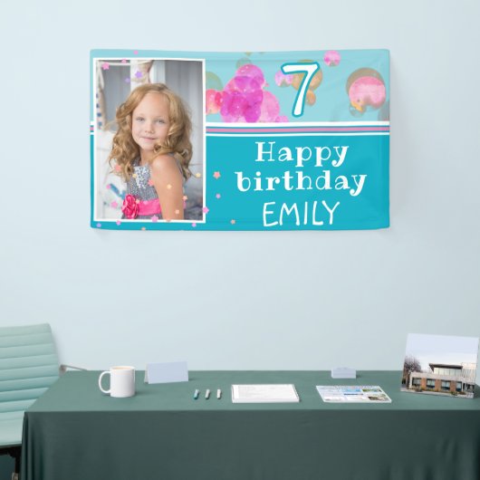 Schattigee Roze Blauwe Bubbels Girly Foto Verjaard Spandoek (Beurs)