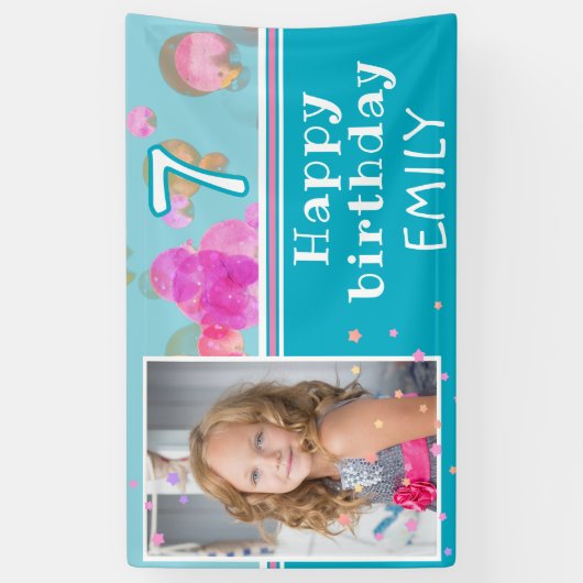 Schattigee Roze Blauwe Bubbels Girly Foto Verjaard Spandoek (Verticaal)