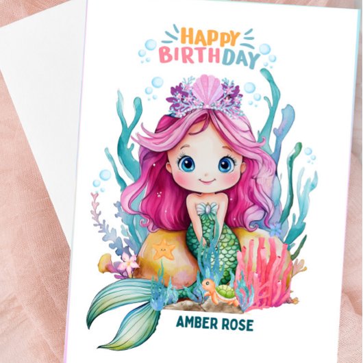 Schattigee Roze & Blauwe Zeemeermin Verjaardag Kaa Kaart