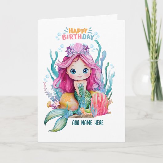 Schattigee Roze & Blauwe Zeemeermin Verjaardag Kaa Kaart (Voorkant)