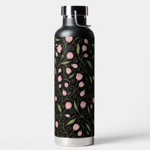 Schattigee, roze bloem op zwart met herhalend patr waterfles