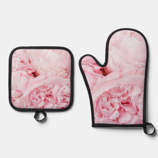 Schattigee roze bloemblaadjes ovenwant & pannenlap set (Voorkant)