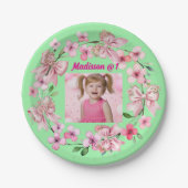 Schattigee Roze Bloemen Boog Foto 1e Verjaardagsfe Papieren Bordje (Voorkant)