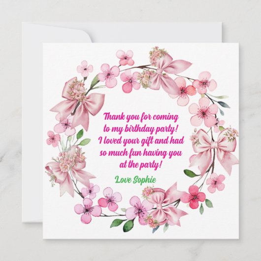 Schattigee Roze Bloemen Boog Meisje Foto Verjaarda Bedankkaart (Achterkant)