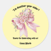 Schattigee Roze Bloemen Boog Meisje Verjaardag Ronde Sticker (Voorkant)