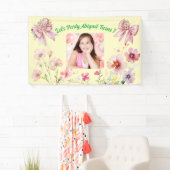 Schattigee Roze Bloemen Bow Girly Foto Verjaardag  Spandoek (Insitu)